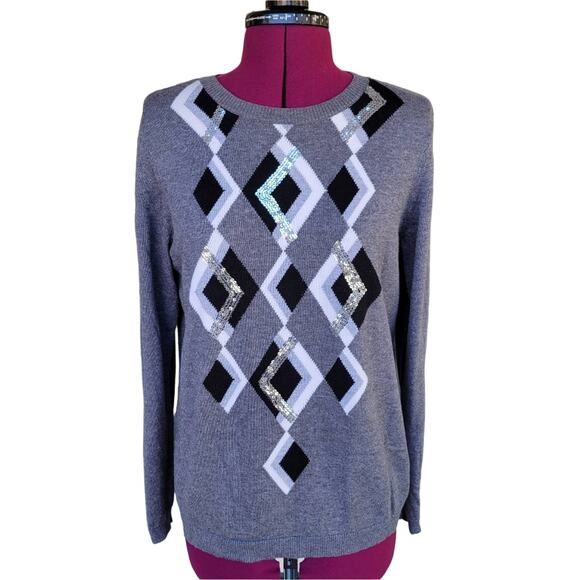 Charter Club Grey White Black Argyle & Sequins Long Sleeve Sweater L - Picture 1 of 4